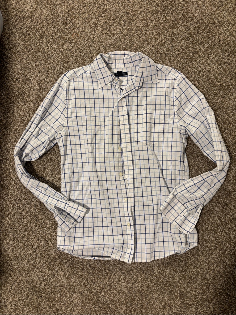 GAP White Button-Down Shirt with Blue Windowpane Grid